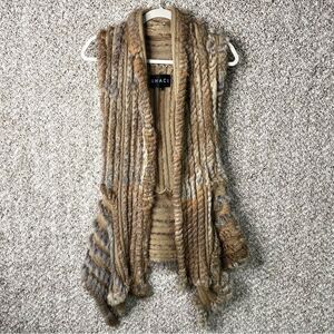 Shaci Vest Women’s Medium Brown 100% Rabbit Fur Knitted Open Front Waterfall